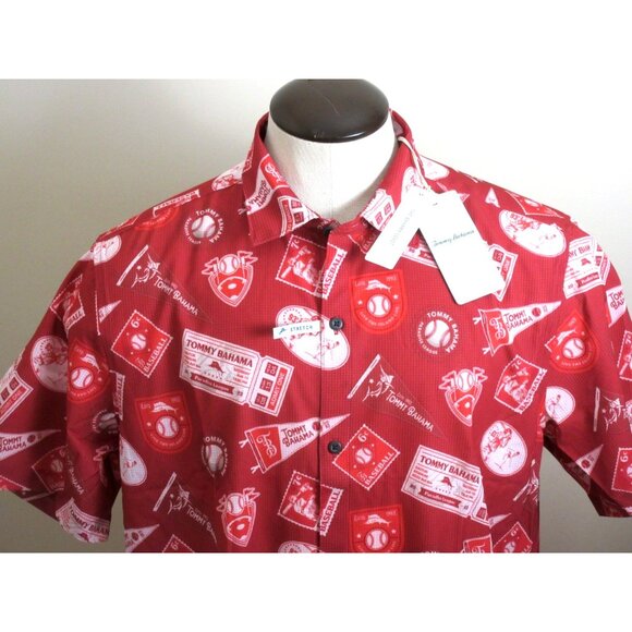 Tommy Bahama Men's SS Big Hitter Baseball Button Up Shirt Chili Pepper Red NWT - Picture 2 of 8